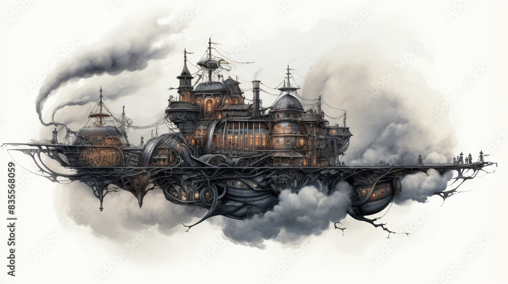 Steampunk airship shaped by smoky elegance abstract background
