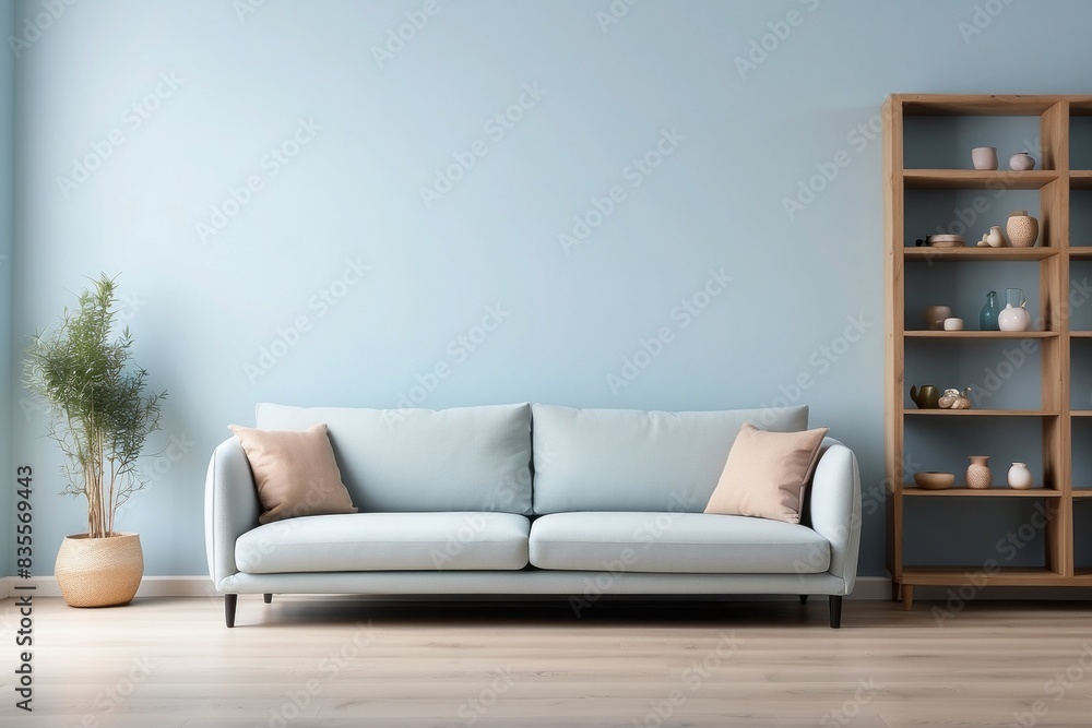 Interior home of living room with sofa and shelf on pastel blue wall copy space