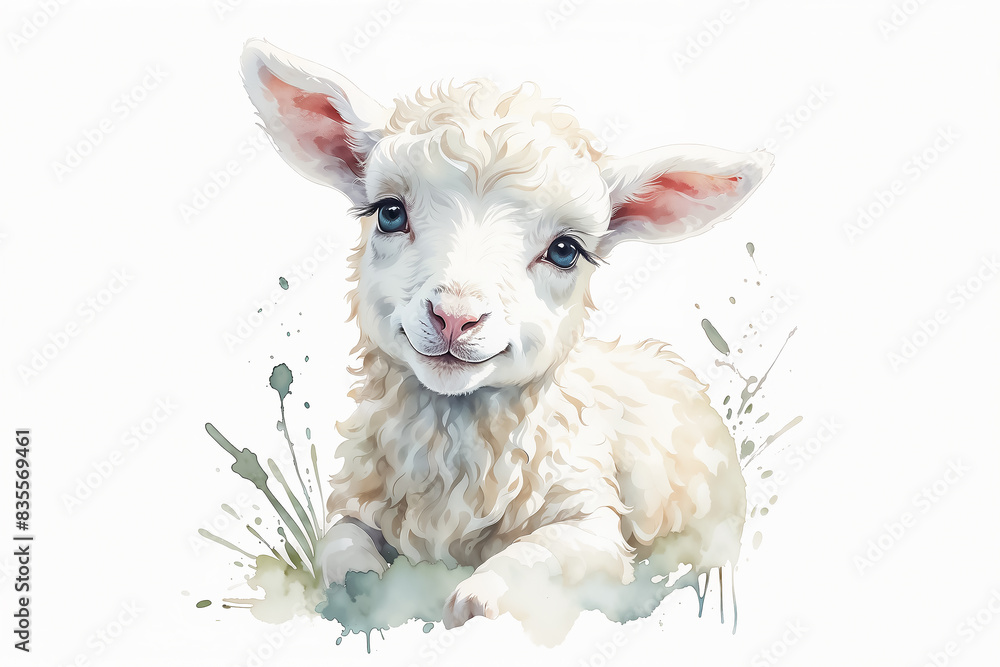 White lamb illustration with watercolor splashes on a white background. Watercolor painting style. Animal art for design and print White lamb illustration with watercolor splashes on a white background. Watercolor painting style. Animal art for design and print