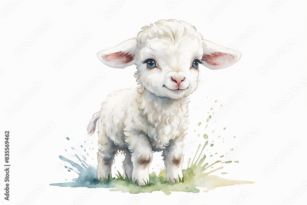 White lamb illustration with watercolor splashes on a white background. Watercolor painting style. Animal art for design and print White lamb illustration with watercolor splashes on a white background. Watercolor painting style. Animal art for design and print