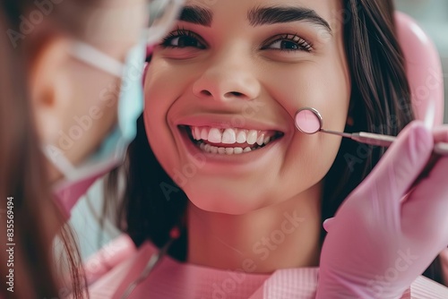 smiling young woman undergoing dental treatment healthy teeth and gums modern dentistry oral hygiene and dental care concept