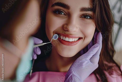 smiling young woman undergoing dental treatment healthy teeth and gums modern dentistry oral hygiene and dental care concept