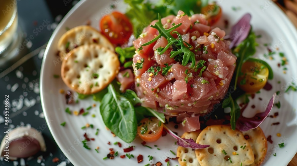 Top down view of tuna tartare diced fish and crackers seasoned with herbs served with fresh greens veggies and bread Gourmet restaurant delicacy Recipe for haute cuisine Top down view of tuna tartare diced fish and crackers seasoned with herbs served with fresh greens veggies and bread Gourmet restaurant delicacy Recipe for haute cuisine