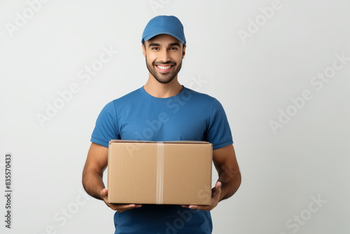 Delivery man wearing blue shirt and cap holding cardboard box, isolated on plain background © franxxlin_studio