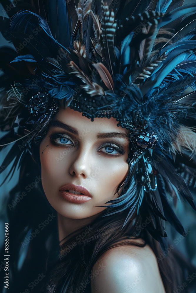 A striking portrait of a woman adorned with an elaborate feathered headdress. The deep blue feathers frame her face, accentuating her captivating eyes and flawless skin. A striking portrait of a woman adorned with an elaborate feathered headdress. The deep blue feathers frame her face, accentuating her captivating eyes and flawless skin.