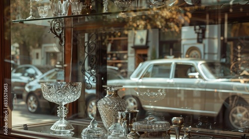 A closeup of the shop window showcasing various home decor items, including glassware and decorative accessories.