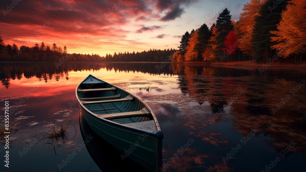 Fototapeta premium boat in small lake, fall, sunset, landscape photography, generative ai