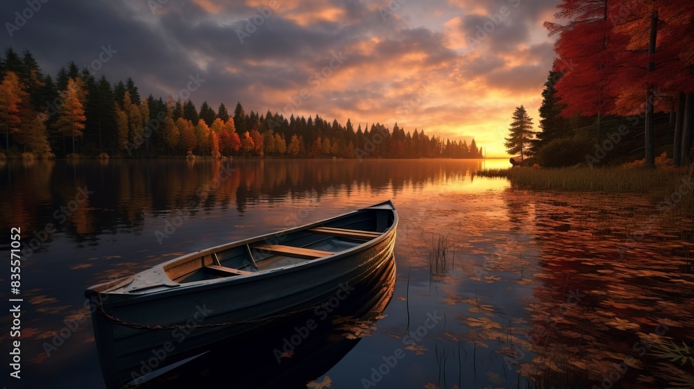 Fototapeta premium boat in small lake, fall, sunset, landscape photography, generative ai