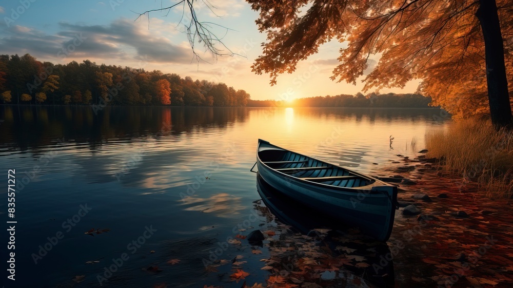 Fototapeta premium boat in small lake, fall, sunset, landscape photography, generative ai