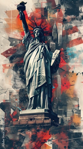 Statue Of Liberty Painting, United States of America Art, NYC Street Art Mural, Vertical New York Tourism Banner, USA Patriotic Backdrop Liberty Wallpaper Freedom Independence Memorial Day Background photo