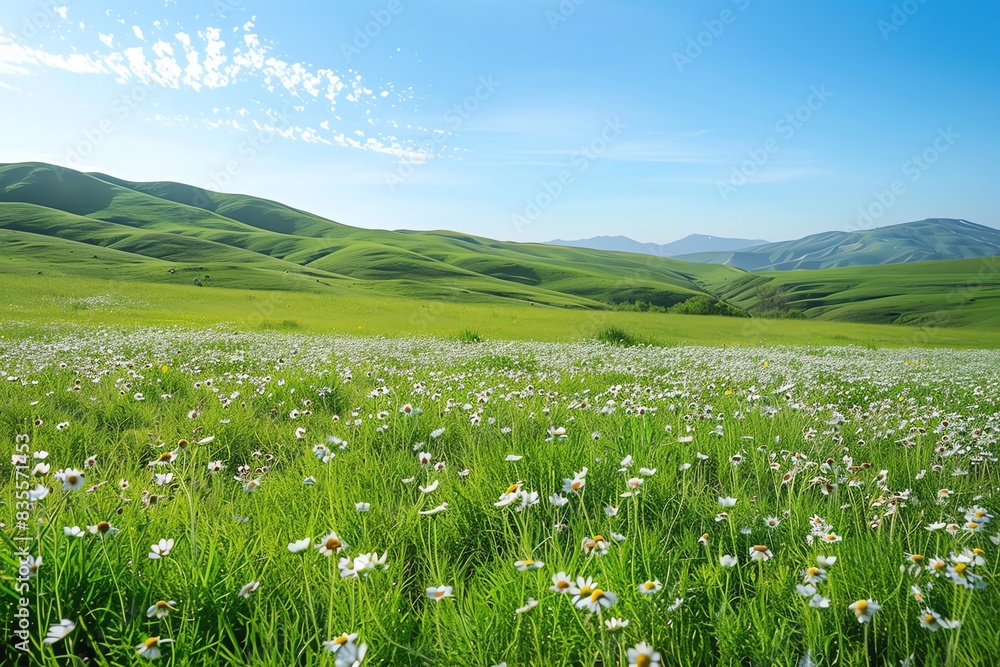 A picturesque field of wildflowers blooms under a bright blue sky, surrounded by rolling green hills. A picturesque field of wildflowers blooms under a bright blue sky, surrounded by rolling green hills.