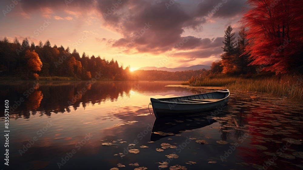Fototapeta premium boat in small lake, fall, sunset, landscape photography, generative ai