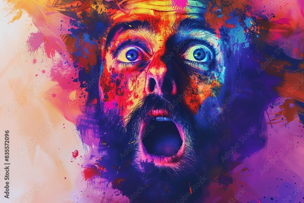 stylized portrait of surprised man with colorful watercolor effects abstract emotional expression