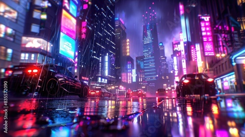 A cyberpunk cityscape at night  with neon lights and futuristic buildings. The scene includes cars on the streets  creating an atmosphere of hightech urban life. High resolution.