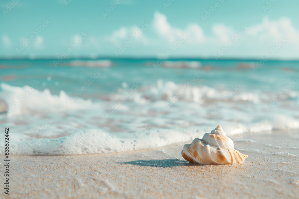 Seashell on a summer beach, perfect for a vacation trip, featuring a coastal animal and ample copy space for text or design Seashell on a summer beach, perfect for a vacation trip, featuring a coastal animal and ample copy space for text or design