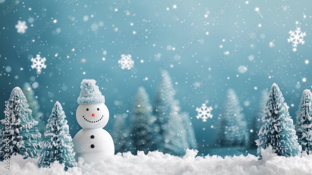 Snowman and snowflakes in a forest of pine trees, on icy blue background, generative AI. Snowman and snowflakes in a forest of pine trees, on icy blue background, generative AI.
