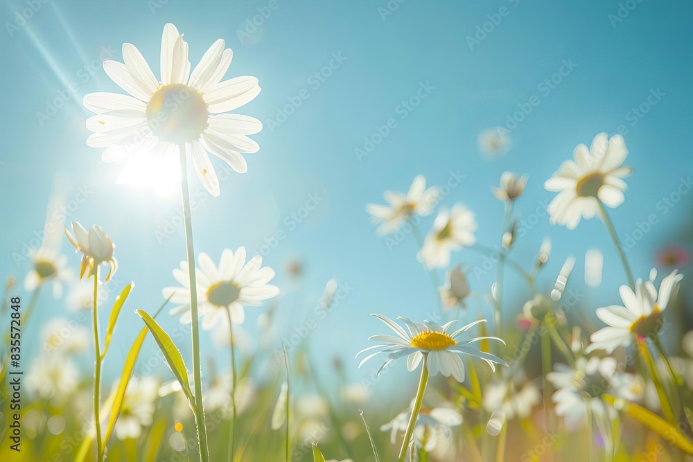 sunny field of white daisies against blue sky nature landscape photography