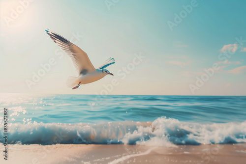 Seagull flying over the sea near a summer beach  perfect for a beachside vacation trip  featuring a natural coastal animal and ample copy space