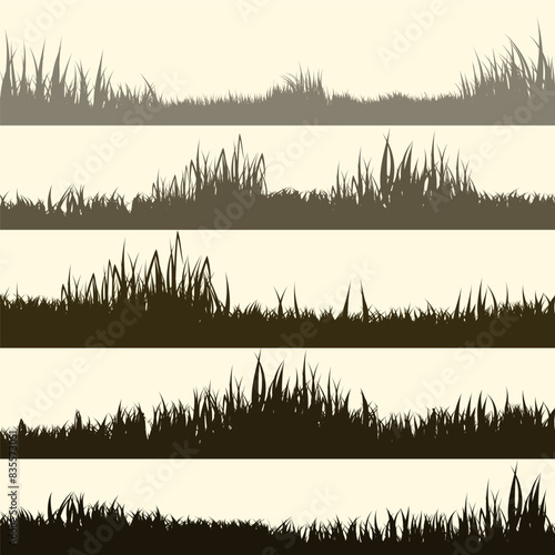 Meadow silhouettes with grass, plants on plain. Panoramic summer lawn landscape with herbs, various weeds. Herbal border, frame element. Brown horizontal banners. Vector illustration