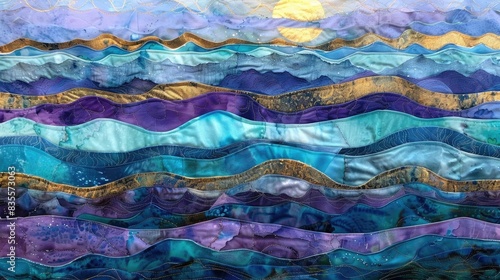 A fabric art of an ocean with waves, with layers and shades in blues, purples, and golds, created with alcohol ink and metallic threads, very detailed