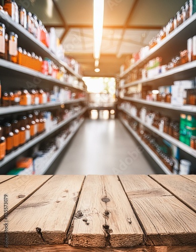 shopping in pharmacy, Pharmacy rustic an empty light wooden table counter with medicines healthcare product arranged on shelves in drugstore blurred defocused background wallpaper © Aliakbar