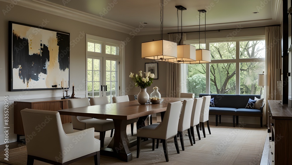 Dining area with a wooden table, upholstered chairs, and a geometric light fixture, contemporary and warm, generative AI Dining area with a wooden table, upholstered chairs, and a geometric light fixture, contemporary and warm, generative AI