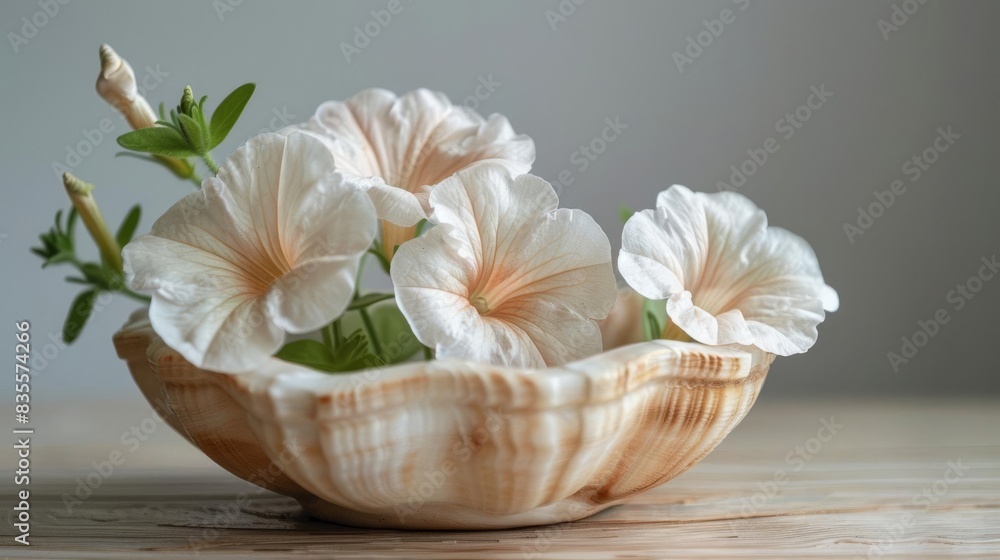 A beautiful arrangement of white petunias in a seashell on a wooden table. The soft colors and delicate petals create a sense of peace and tranquility. A beautiful arrangement of white petunias in a seashell on a wooden table. The soft colors and delicate petals create a sense of peace and tranquility.