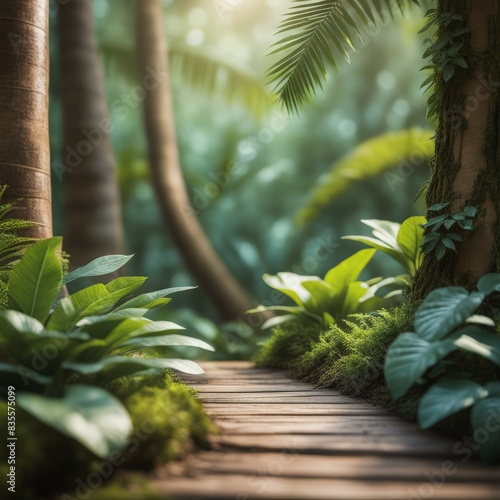 3d art of empty green tropical leaves on wooden background photo