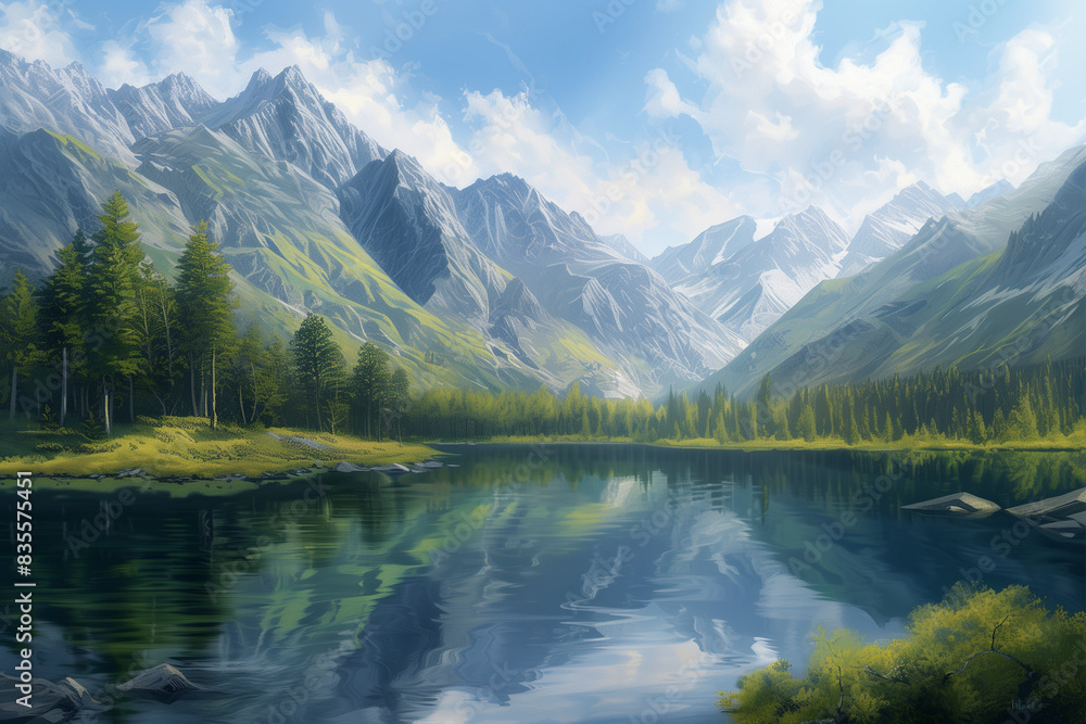 a peaceful and uplifting painting of a serene lake surrounded by majestic mountains.
a peaceful and uplifting painting of a serene lake surrounded by majestic mountains.