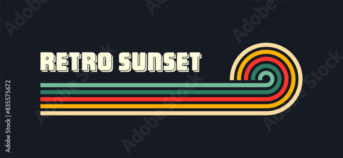 Vintage sunset collection. Various colorful striped sunrise badges in 80s and 90s style. Sun and ocean view, summer vibes, surfing. Design element for print, logo or t-shirt. Vector illustration