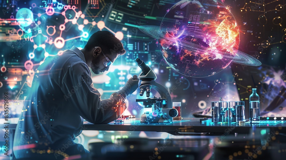 An image of a scientist using a futuristic microscope to study complex molecular structures, with space-themed holograms around. An image of a scientist using a futuristic microscope to study complex molecular structures, with space-themed holograms around.
