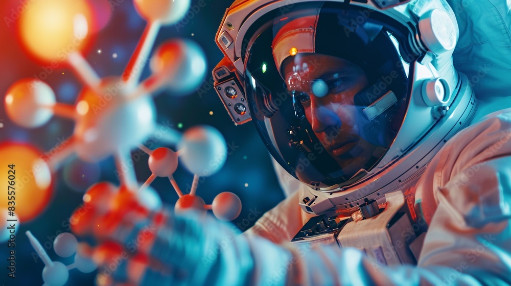A close-up of an astronaut conducting an experiment with atomic and molecular models floating in zero gravity.