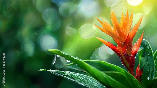 Wallpaper Mural Bright red tropical flower with vibrant green foliage and morning dew Torontodigital.ca