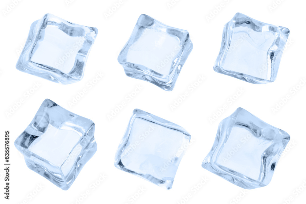 Naklejka premium Crystal clear ice cubes isolated on white, set