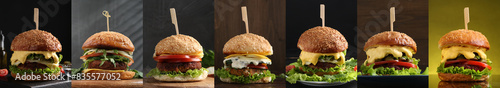 Delicious vegetarian burgers, collage with different photos