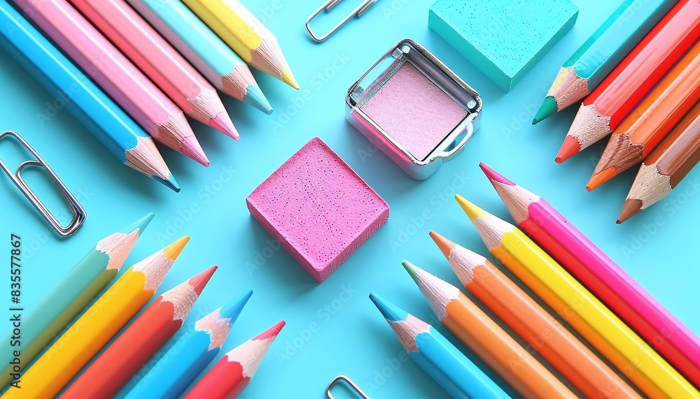 Naklejka premium Illustrate a flat lay of bright erasers, a sharpener, and colorful pencils