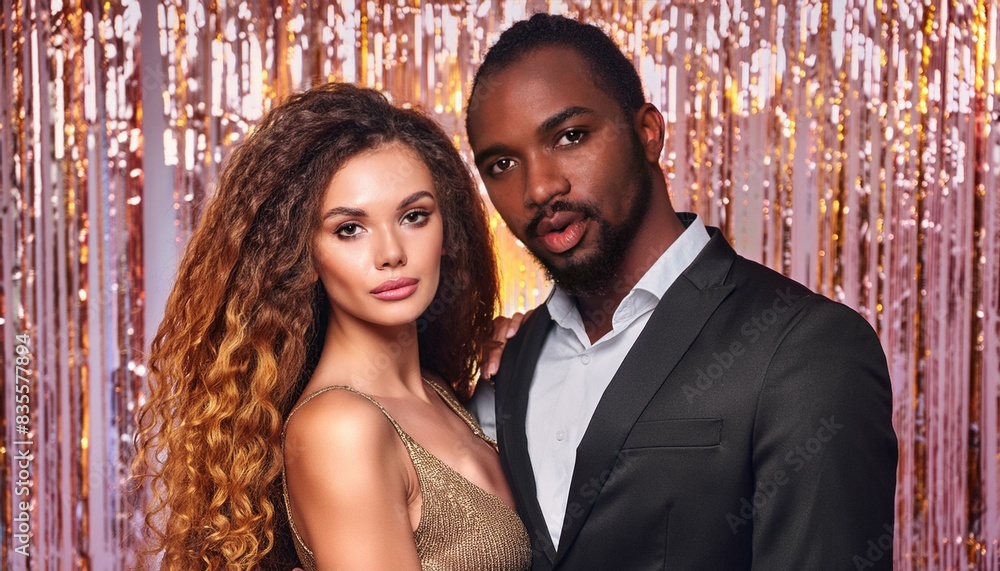 A modern ebony couple elegantly dressed with a man and a woman, both with long, beautiful hair in front of a party backdrop face is very detailed A modern ebony couple elegantly dressed with a man and a woman, both with long, beautiful hair in front of a party backdrop face is very detailed