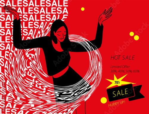 sale poster, dancing girl, red, white. Vector illustration (ID: 835578442)
