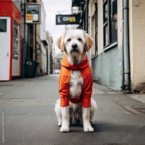 a vertical shot of cute dog standing in streeta street photo