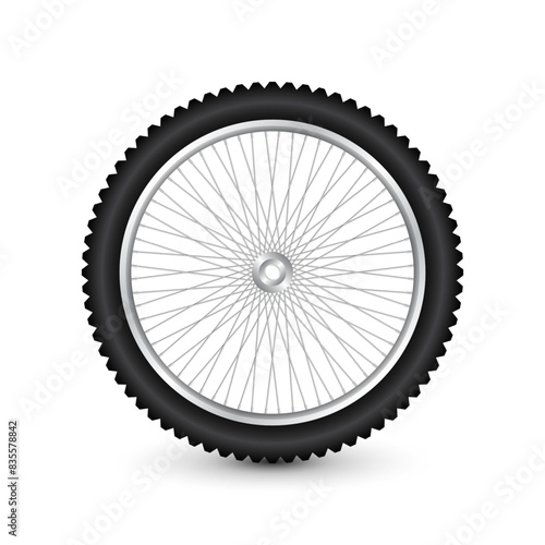 Realistic 3d bicycle wheel. Bike rubber tire, shiny metal spokes and rim. Fitness cycle, touring, sport, road and mountain bike. Vector illustration