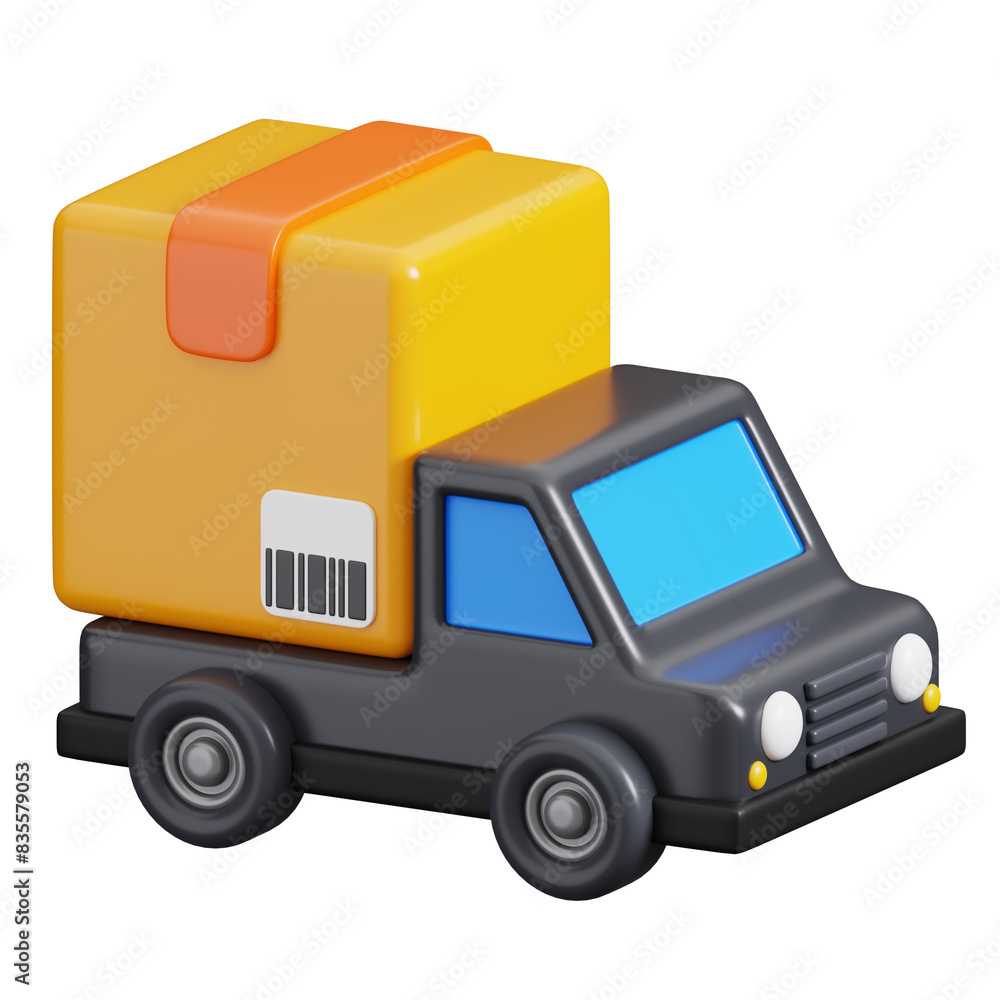 Cardboard box or parcel package on truck isolated. Delivery, shipping, transportation and Logistics icon concept. 3d Render illustration. Cardboard box or parcel package on truck isolated. Delivery, shipping, transportation and Logistics icon concept. 3d Render illustration.