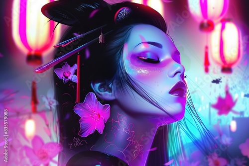 glowcore, geisha femme fatale fusion, simple design, cool photo