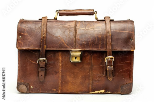 vintage brown leather briefcase with brass hardware isolated on white background classic business accessory studio product shot