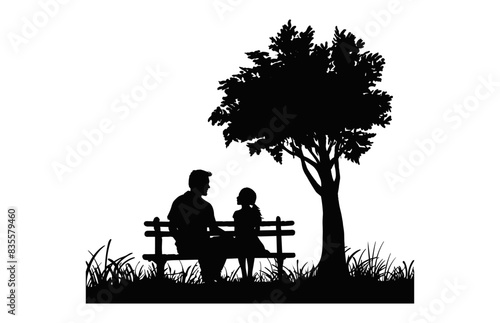 Dad and daughter Sitting on Bench under Garden tree Silhouette Vector