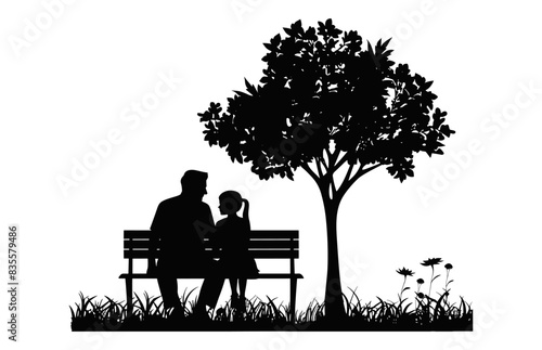 Father and daughter Sitting on a Park Bench under tree Silhouette Vector