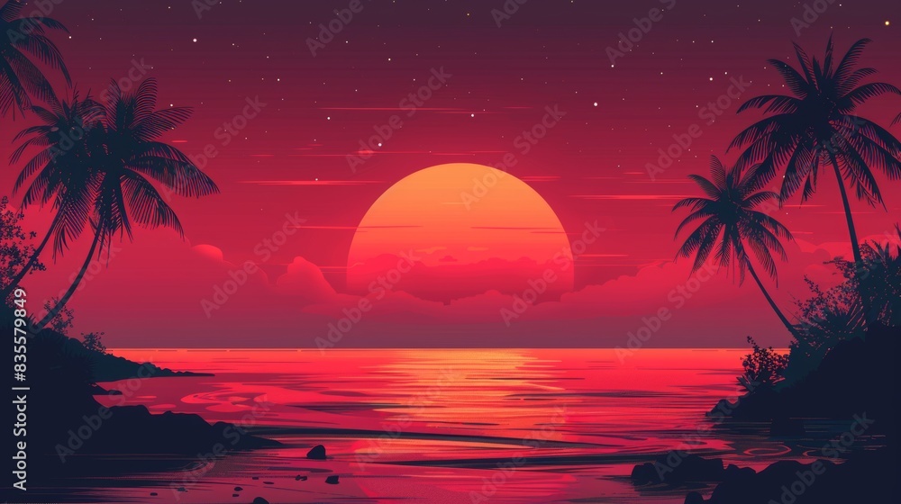 The setting sun casts a pink and purple glow over the ocean and palm trees. The setting sun casts a pink and purple glow over the ocean and palm trees.