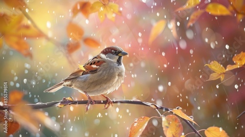 A sparrow perched on an autumn tree branch, surrounded by falling leaves and raindrops, symbolizing the changing seasons of fall. © Ammar