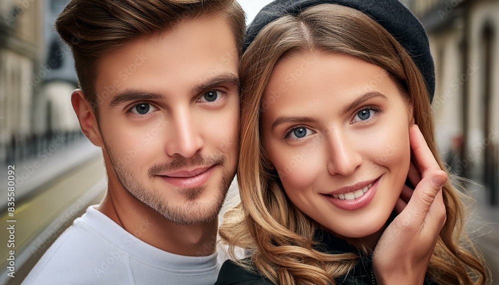 Close up of a beautiful young French couple deeply in love with each other, with a Caucasian man and a Caucasian woman, highlighting the fine details of their faces Close up of a beautiful young French couple deeply in love with each other, with a Caucasian man and a Caucasian woman, highlighting the fine details of their faces