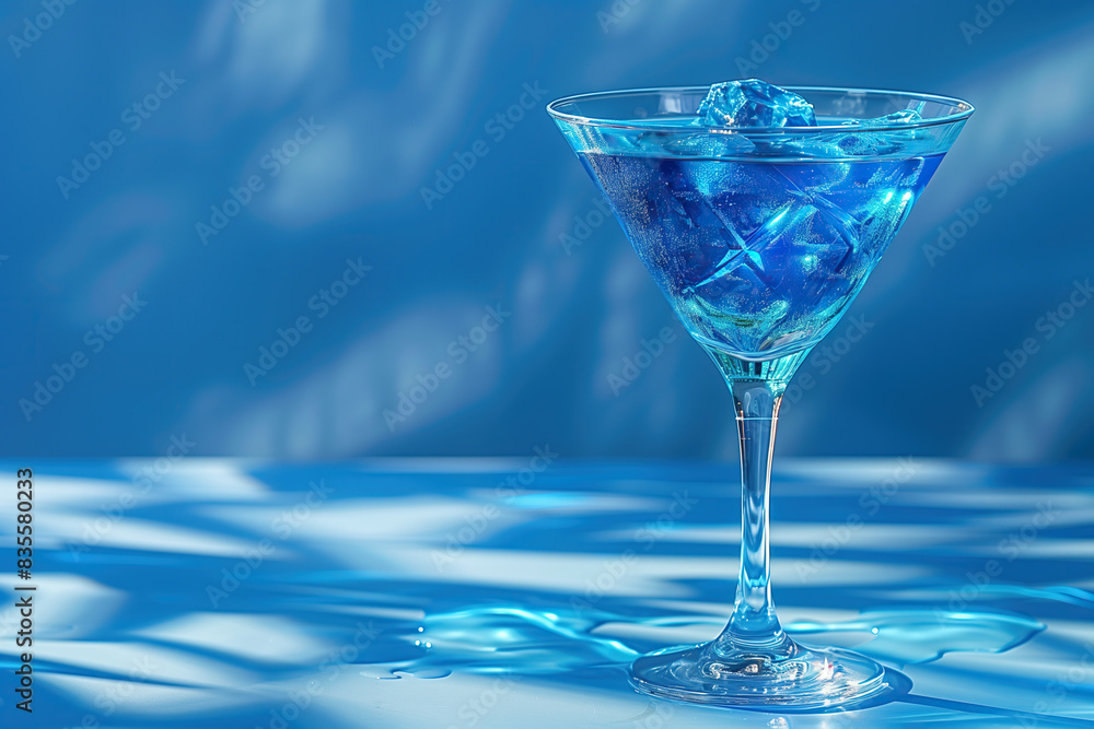 Blue Martini Cocktail Glass on a Blue Surface With Ice Cubes Blue Martini Cocktail Glass on a Blue Surface With Ice Cubes