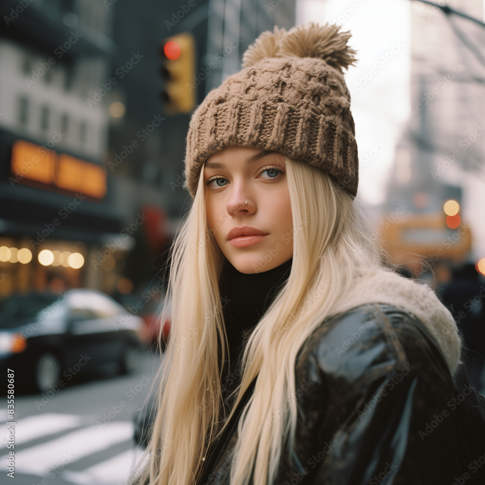 photo of a young and beautiful light blonde e-girl influencer on 5th avenue New York photo of a young and beautiful light blonde e-girl influencer on 5th avenue New York